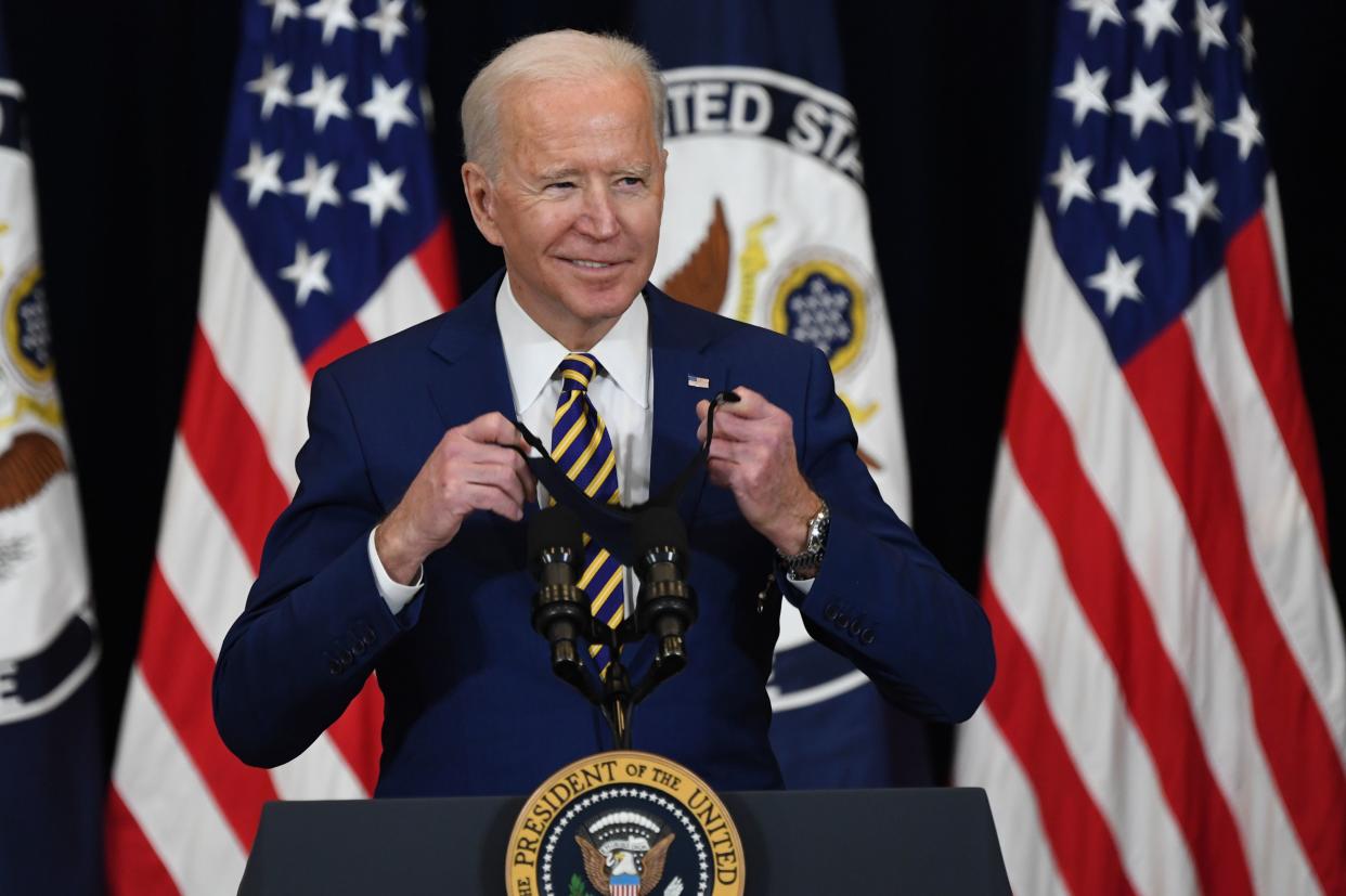 US President Joe Biden arrives to speaks to staff of the US State Department during his first visit in Washington, DC, February 4, 2021. (Photo by SAUL LOEB / AFP) (Photo by SAUL LOEB/AFP via Getty Images)