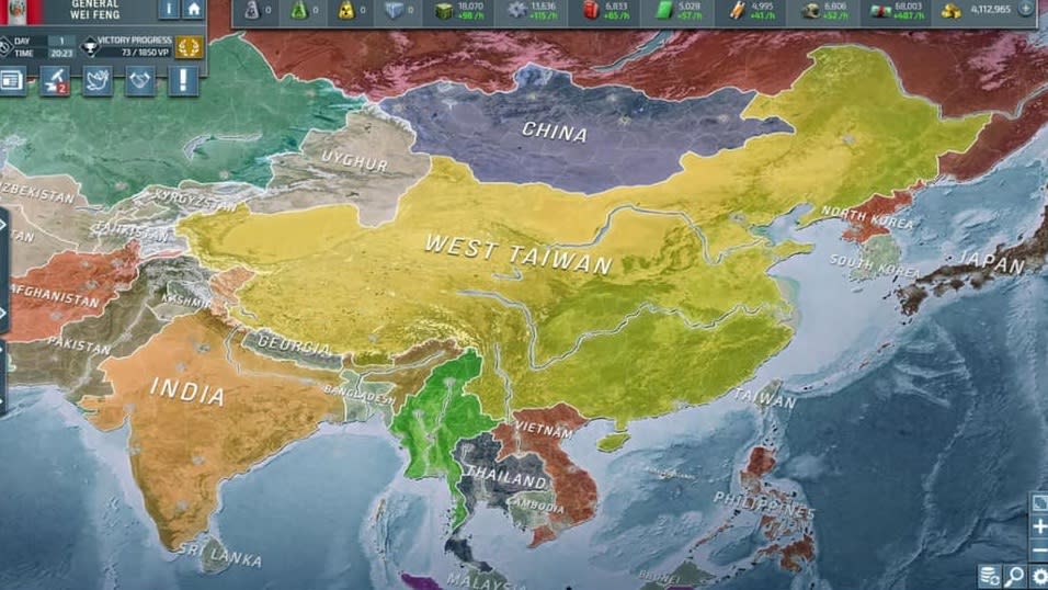 ▲德國手遊《Conflict of Nations》在臉書投放廣告，將世界地圖裡的中國改標為「West Taiwan」西台灣。（圖／取自臉書）