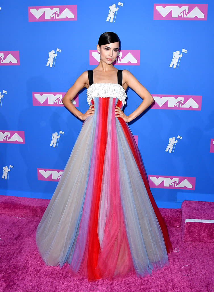 <p>Sofia Carson attends the 2018 MTV Video Music Awards at Radio City Music Hall on August 20, 2018 in New York City. (Photo: ANGELA WEISS/AFP/Getty Images) </p>
