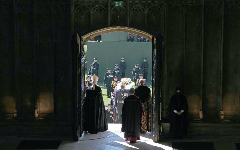 The coffin of the Duke of Edinburgh as it was carried into his funeral service at St George's Chapel at Windsor Castle - Danny Lawson/WPA Pool/Getty Images