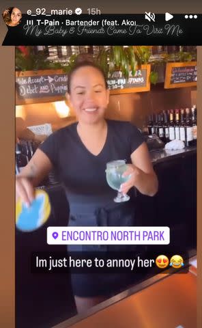 <p>Elizabeth Marie/Instagram</p> Liz Woods working the bar at a restaurant in San Diego