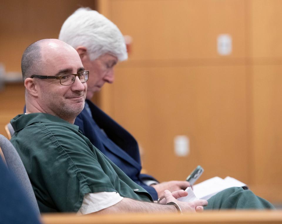 Fallon Coburger appears before Circuit Court Judge Coleman Robinson for sentencing on possession of child pornography charges during a hearing on Thursday, March 9, 2023. Coburger agreed to plead no contest to eight of the counts and register as a sex offender. He received 10 years in state prison.