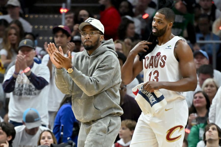 CLEVELAND, OHIO – MAY 13: Donovan Mitchell #45 of the Cleveland Cavaliers reacts on the bench during the first quarter in Game Four of the Eastern Conference Second Round Playoffs at Rocket Mortgage Fieldhouse on May 13, 2024 in Cleveland, Ohio. NOTE TO USER: User expressly acknowledges and agrees that, by downloading and or using this photograph, User is consenting to the terms and conditions of the Getty Images License Agreement. (Photo by Nick Cammett/Getty Images)