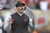 FILE - Cleveland Browns head coach Kevin Stefanski reacts during the second half of an NFL football game against the Baltimore Ravens, Sunday, Dec. 12, 2021, in Cleveland. Quarterback Baker Mayfield and Stefanski tested positive for COVID-19 on Wednesday, Dec. 15, and will likely miss Saturday’s game against the Las Vegas Raiders as Cleveland deals with a widespread outbreak during its playoff pursuit. (AP Photo/David Richard, File)