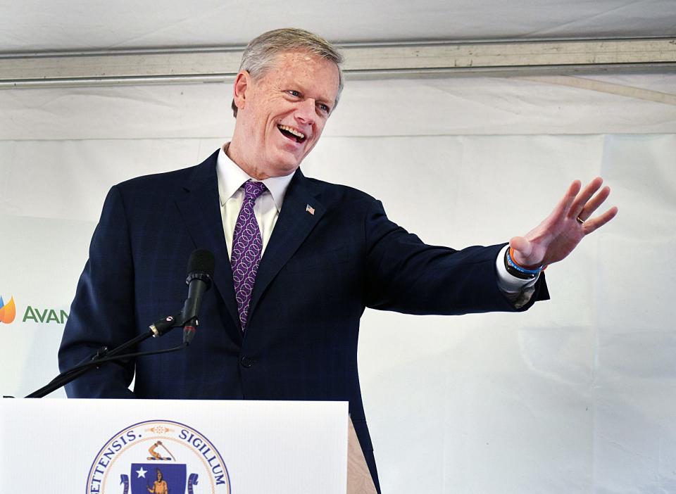 Governor Charlie Baker speaks at the Brayton Point offshore wind announcement in this Herald News file photo.