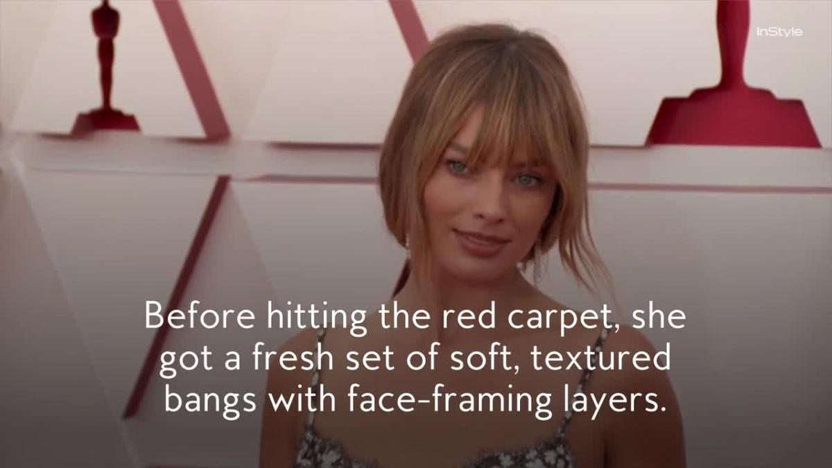 Margot Robbie Arrived at the 2021 Oscars Red Carpet With Darker Hair and  Long Bangs