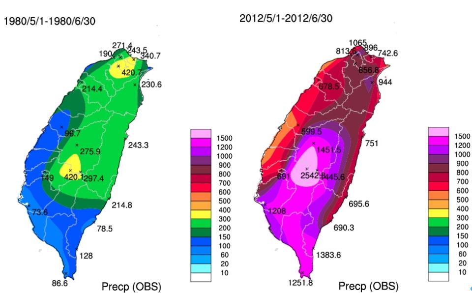 1980年是梅雨下的最少的一年，鋒面偏北，主要降雨區域北部，中南部雨量較少；而最多2012年較為典型，梅雨主要降雨的位置是南部比北部多，較大雨量集中在中南部山區。資料／中央氣象局提供