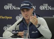 Justin Thomas of the United States gestures as he speaks during a press conference ahead of the start of the British Open golf championships at Royal Portrush in Northern Ireland, Tuesday, July 16, 2019. The British Open starts Thursday. (AP Photo/Matt Dunham)