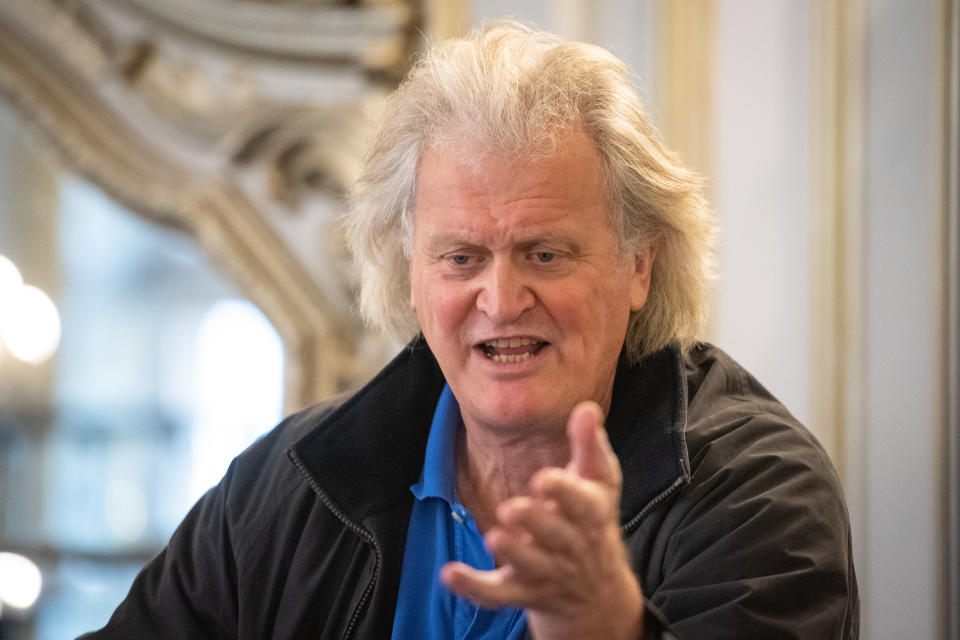 Founder and Chairman of JD Wetherspoon, Tim Martin, speaks at a press conference in the Hamilton Hall pub, in central London, following the publication of the pub chain's full year results. (Photo by Dominic Lipinski/PA Images via Getty Images)