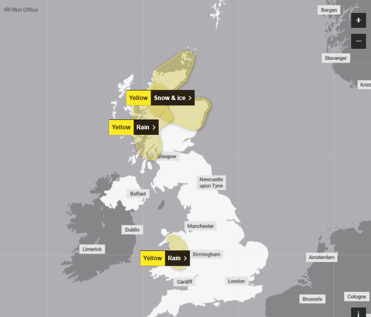 Weather warnings in place for Saturday 23 (The Met Office)