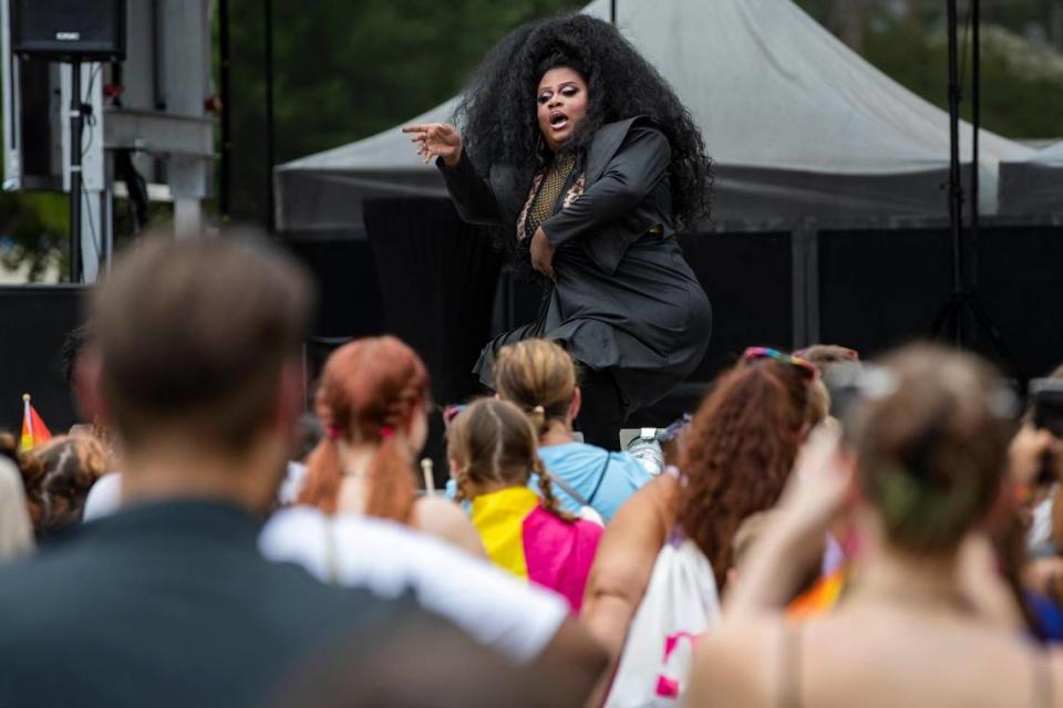 Paris Lefaris performs at OutFest in Columbia, South Carolina on Saturday, June 6, 2021. The festival featured drag performances, local businesses and nonprofits.