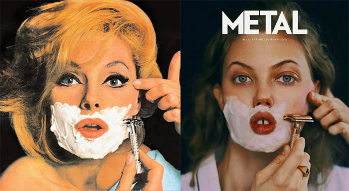 Virna Lisi's March 1965 Esquire cover next to Model Linsey Wixson posing for the spring/summer 2017 cover of Barcelona-based magazine Metal.