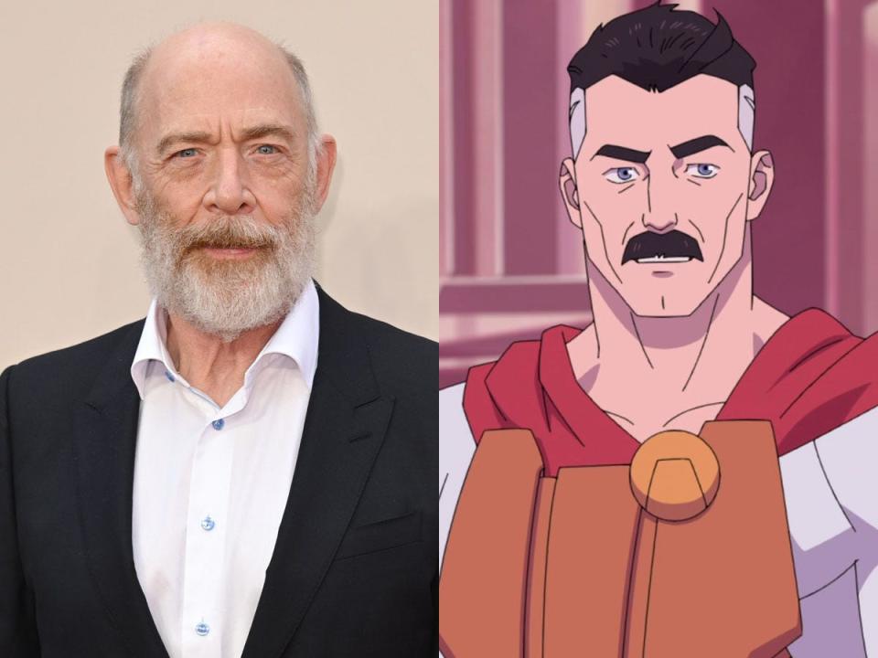 J.K. Simmons, left in April 2022. Omni-Man, right, on season two of the animated series "Invincible."
