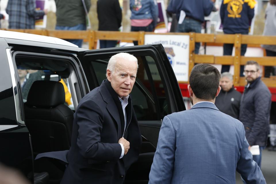 Former vice president Joe Biden arrives to speak at a rally in support of striking Stop & Shop workers in Boston, Thursday, April 18, 2019. (AP Photo/Michael Dwyer)