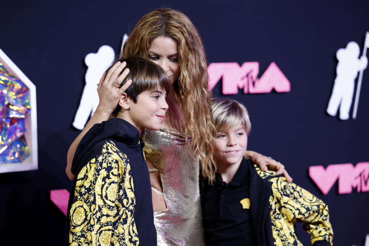 NEWARK, NEW JERSEY - SEPTEMBER 12: Shakira, Sasha Pique, and Milan Pique attend the 2023 MTV Video Music Awards at Prudential Center on September 12, 2023 in Newark, New Jersey. (Photo by Jason Kempin/Getty Images for MTV)