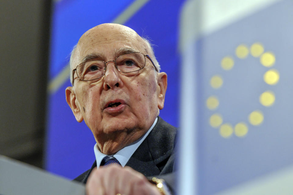 FILE - Italy's President Giorgio Napolitano talks to the media during a press conference following his meeting with European Union Commission President Jose Manuel Barroso, unseen, at the EU Commission headquarters in Brussels, Wednesday, March 3, 2010. Giorgio Napolitano, the first former Communist to rise to Italy’s top job — president of the Republic — and the first president to be re-elected, has died Friday, Sept. 22, 2023. He was 98. (AP Photo/Thierry Charlier, File)