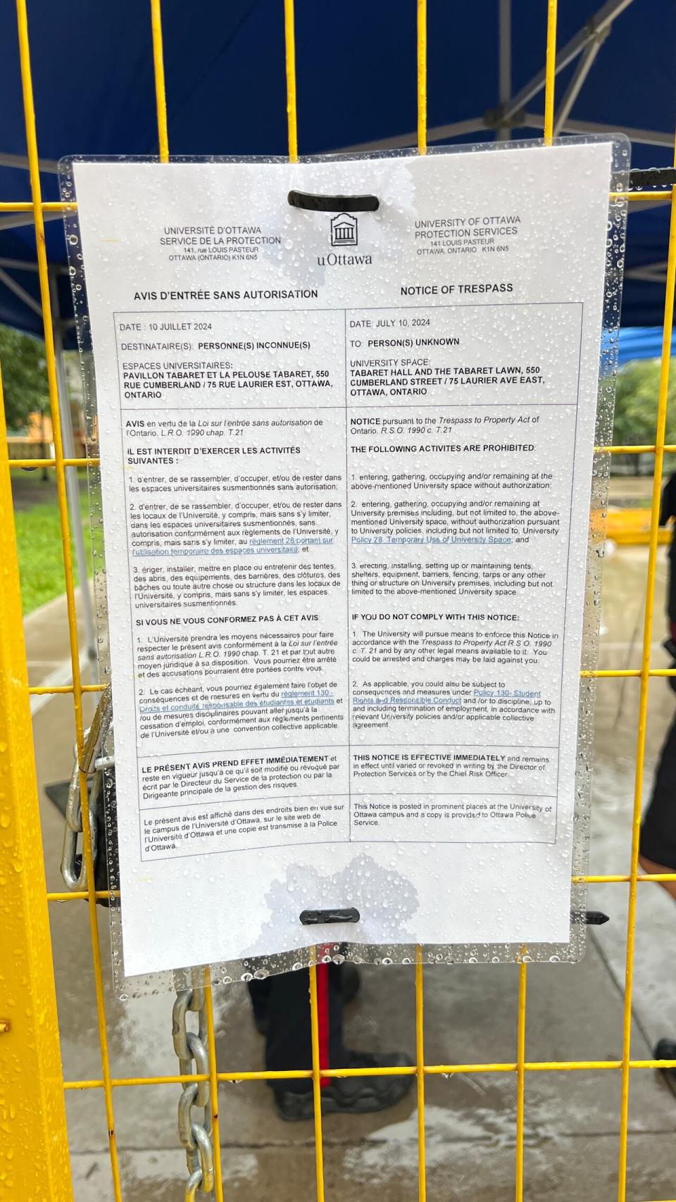 The University of Ottawa posted a notice of trespass for Tabaret Lawn and Tabaret Hall on July 10. 