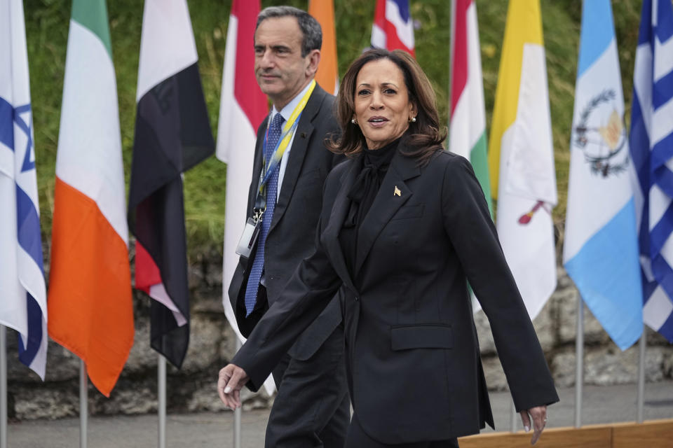 US Vice President Kamala Harris arrives at the Ukraine peace summit in Buergenstock, Switzerland, Saturday, June 15, 2024. Switzerland is hosting scores of world leaders this weekend to try to map out the first steps toward peace in Ukraine. (AP Photo/Laurent Cipriani)