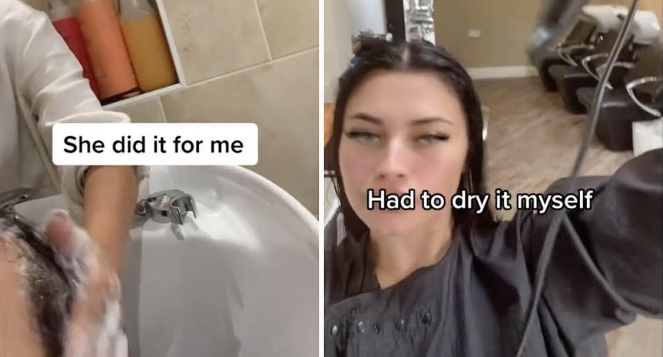 The customer recorded a follow-up video on Tiktok of the hairdresser washing her hair, but being forced to blow-dry it herself.
