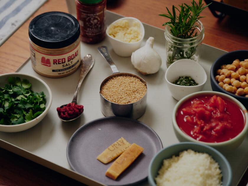 ALTADENA, CA - FEBRUARY 29, 2024: Ingredients for soup in Michelle Huneven's kitchen.