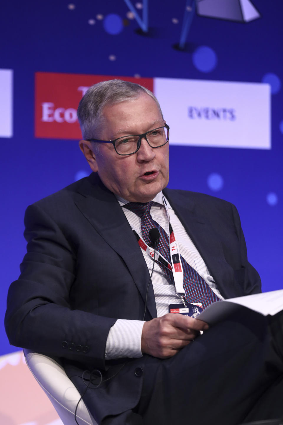 Klaus Regling, Managing Director of EMS (European Stability Mechanism), speaks at a financial conference in Lagonisi, south of Athens, Tuesday, July 16, 2019. Regling is meeting with officials of Greece's new conservative government and has insisted that the country needs to stick to tough annual budget targets. (AP Photo/Yorgos Karahalis)