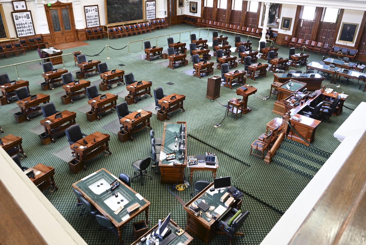 The Texas Senate gallery on Aug. 31, 2023 as technical staff prepares communications for the impeachment trial of suspended Attorney General Ken Paxton on September 5th. Paxton is accused of several ethics violations during his three terms as Texas Attorney General.