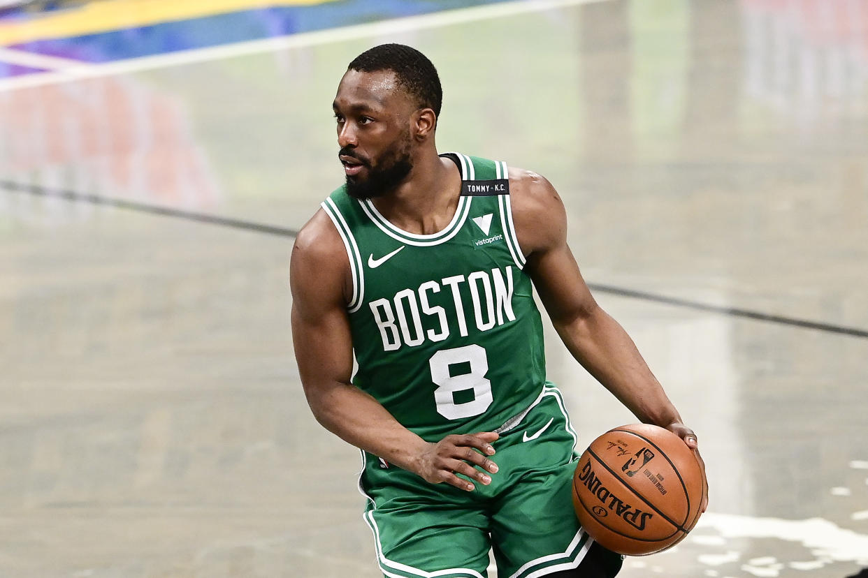 NEW YORK, NEW YORK - MAY 25:  Kemba Walker #8 of the Boston Celtics handles the ball against the Brooklyn Nets in Game Two of the First Round of the 2021 NBA Playoffs at Barclays Center on May 25, 2021 in New York City. NOTE TO USER: User expressly acknowledges and agrees that, by downloading and or using this photograph, User is consenting to the terms and conditions of the Getty Images License Agreement. (Photo by Steven Ryan/Getty Images)