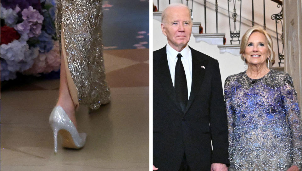 WASHINGTON, DC - APRIL 10: U.S. President Joe Biden and First Lady Jill Biden walk to the Blue Room while hosting Japanese Prime Minister Fumio Kishida for a state dinner in the East Room of the White House on April 10 2024 in Washington, DC.  Biden hosted Kishida for an official state visit during which the two leaders announced new agreements on technology and strengthening military and economic partnerships against Chinese aggression in the Indo-Pacific region.  (Photo by Chip Somodevilla/Getty Images)