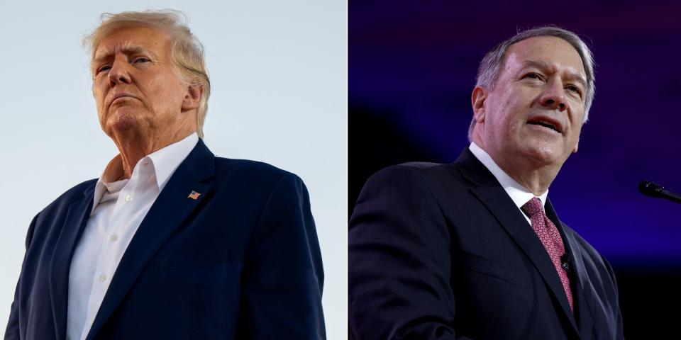 Former US President Donald Trump looks on during a rally at the Waco Regional Airport on March 25, 2023 in Waco, Texas,  Former Secretary of State Mike Pompeo speaks during a Conservative Political Action Conference.