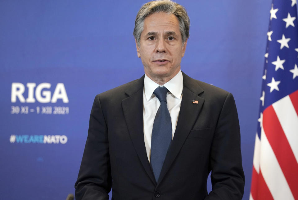 U.S. Secretary of State Antony Blinken speaks to the media during NATO Foreign Ministers meeting in Riga, Latvia Tuesday, Nov. 30, 2021. (AP Photo/Roman Koksarov, Pool)