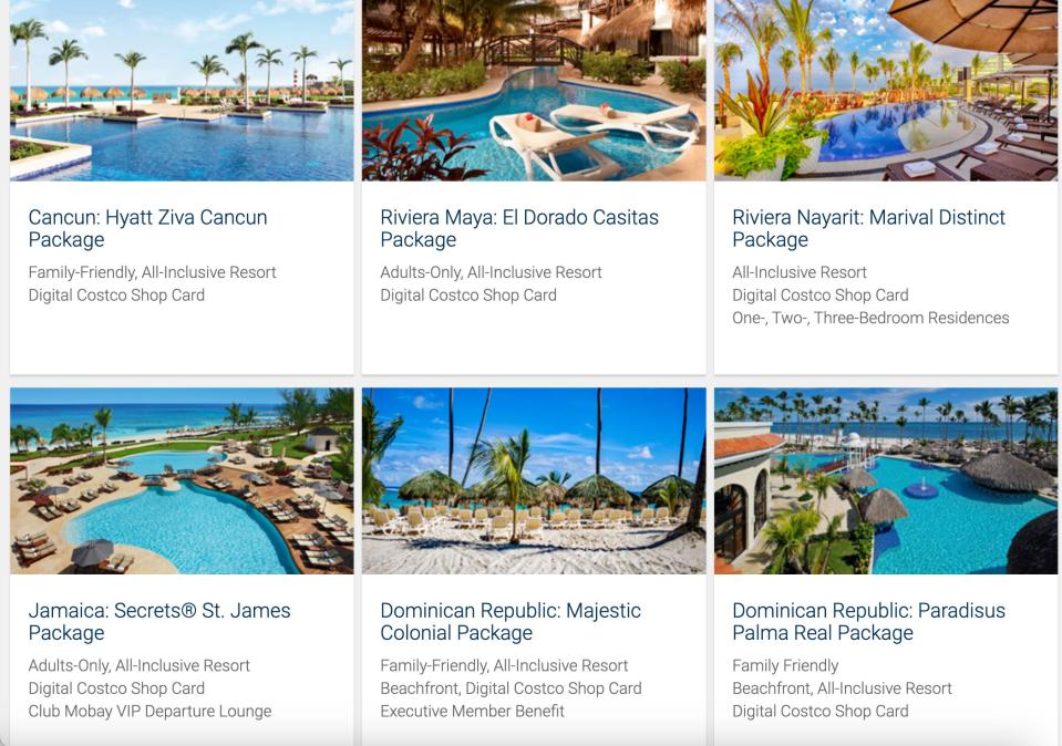 Some of Costco Travel's all-inclusive packages featured on its website.