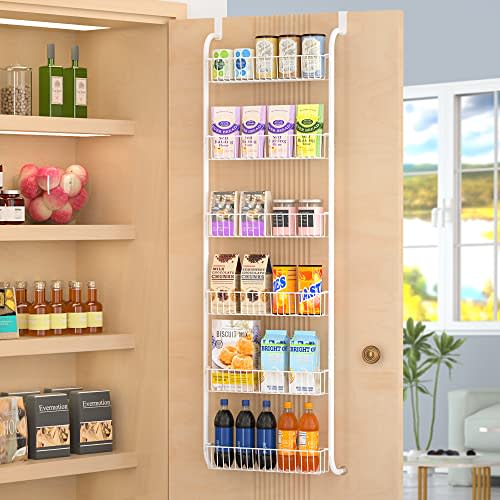 OTTOLIVES 6-Tier Over the Door Pantry Organizer Rack, Over the Door Organizer with 6 Full Baskets, Heavy-Duty Metal Hanging Over the Door Storage Spice Rack, Bathroom Over Door Organizer -White