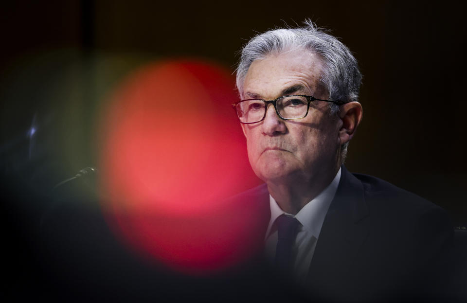 Federal Reserve Chairman Jerome Powell testifies during a Senate Banking, Housing and Urban Affairs Committee hearing on the CARES Act on Capitol Hill, Tuesday, Sept. 28, 2021 in Washington. (Kevin Dietsch/Pool via AP)