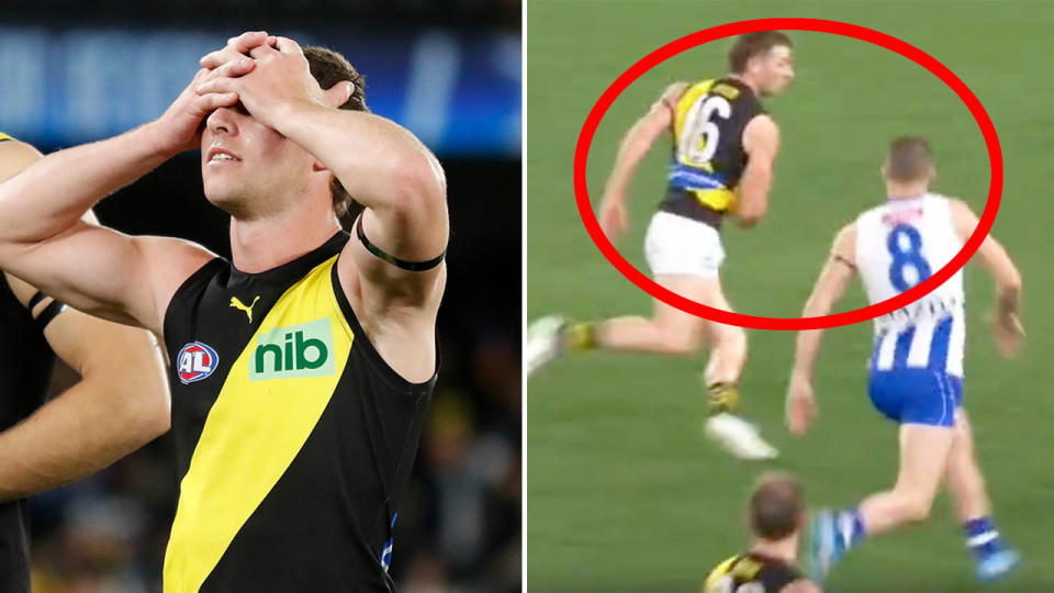 Richmond's Jake Aarts was left to rue a late brain fade in the shock loss to North Melbourne. Pic: Getty/Fox Sports