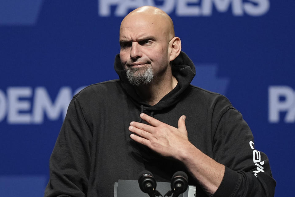 Pennsylvania Lt. Gov. John Fetterman, the Democratic candidate for U.S. Senate, gestures during the Pennsylvania Democratic Party's 3rd Annual Independence Dinner in Philadelphia, Friday, Oct. 28, 2022. (AP Photo/Matt Rourke)