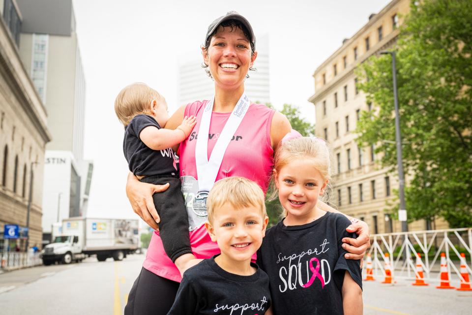 Samantha Salway with her children Brooks, Gavin and Amelia at the Cleveland Marathon on Saturday, May 18, 2024.