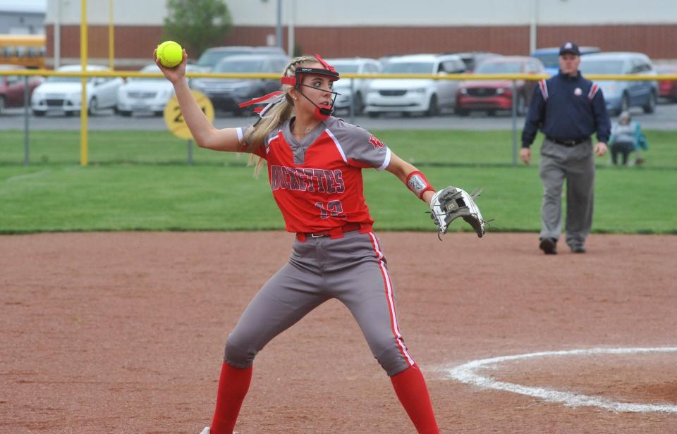 Buckeye Central's Adrienne Jury grabs a short hit and throws it to first for the out.