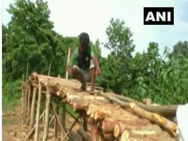 A villager construction a bridge over nullah (Photo/ANI)