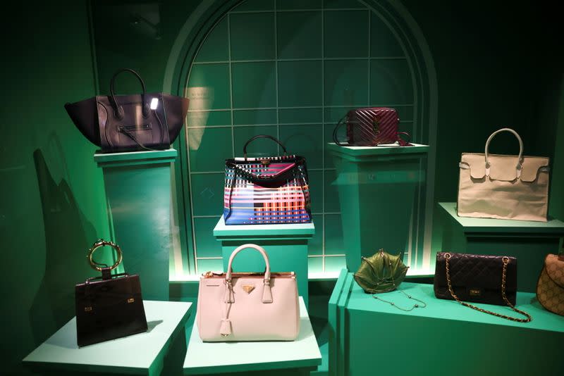 Handbags are seen on display at the 'Bags: Inside Out' exhibition at the Victoria and Albert Museum in London