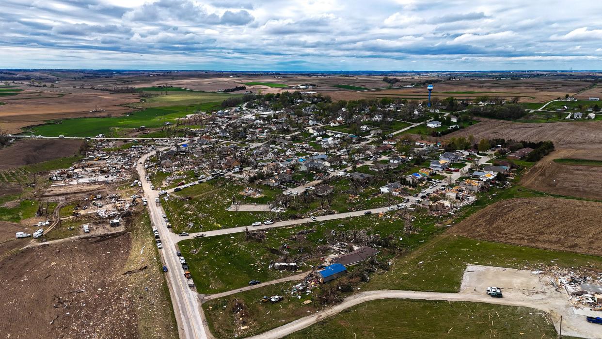 An aerial shot of Minden, Iowa after a large tornado devastated the town on Friday, April 26.