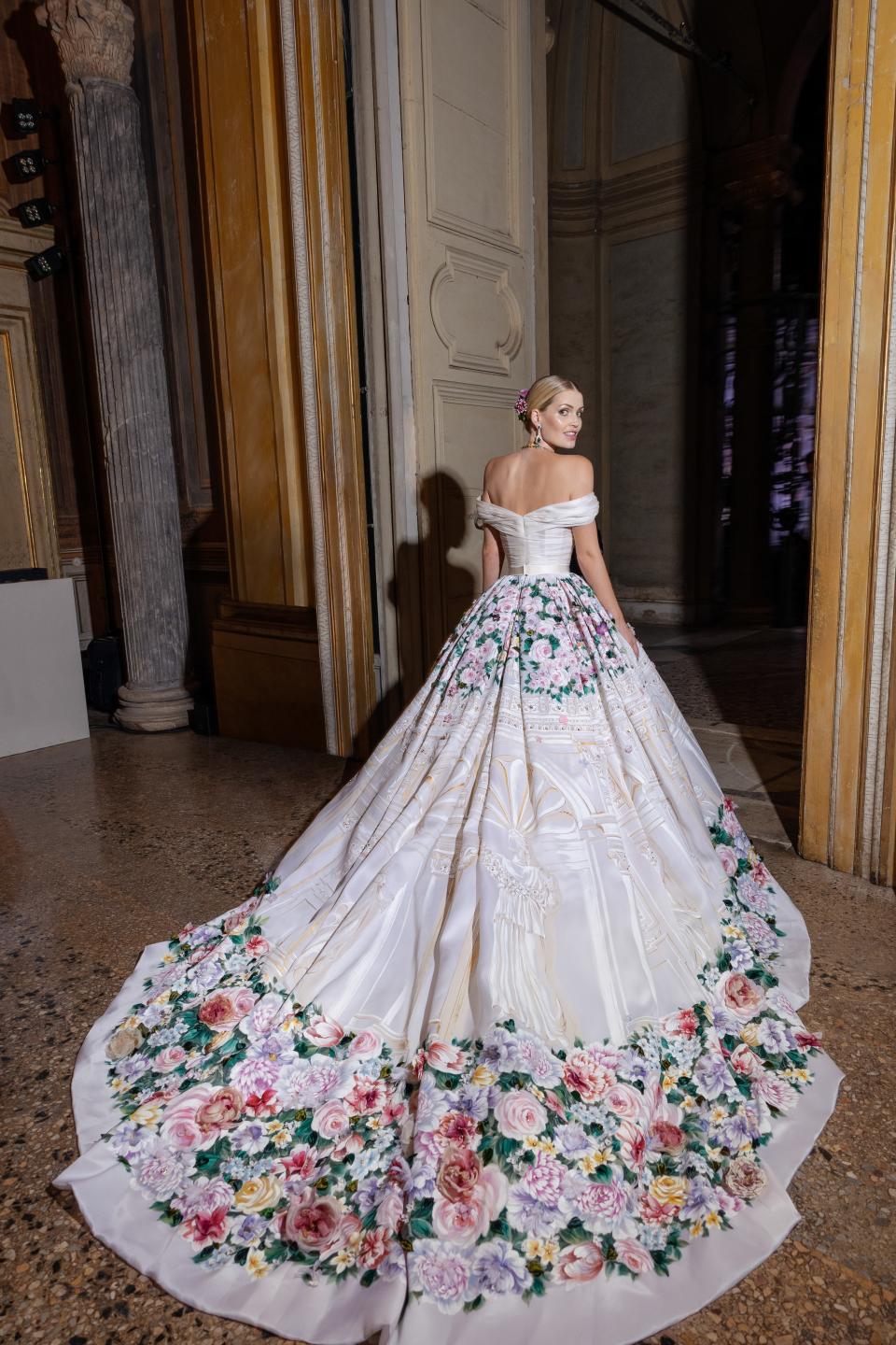 The hand-painted silk gown Spencer wore after the wedding ceremony.