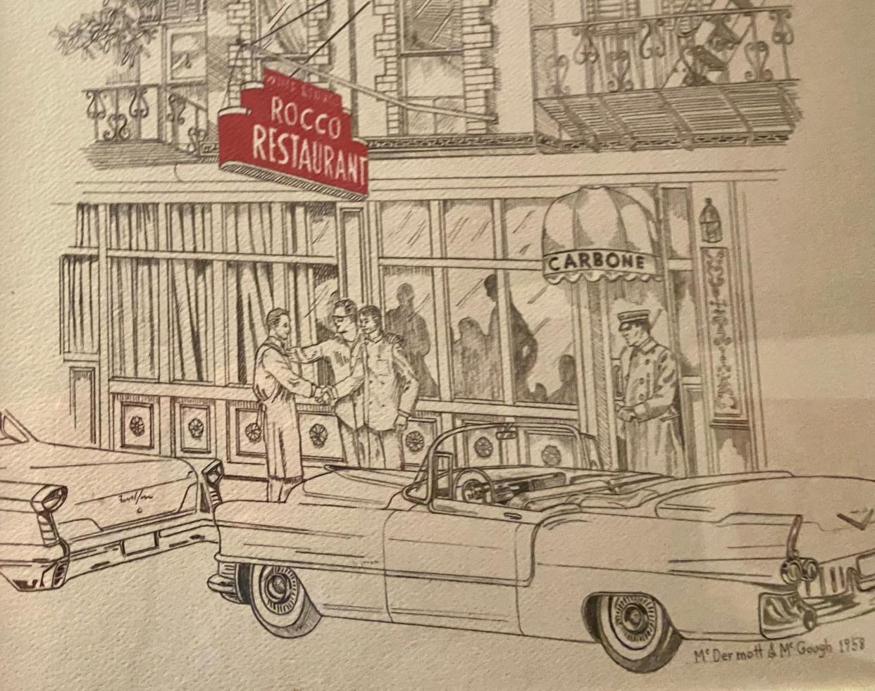 A drawing of the front of Rocco hangs in the restaurant in Rochester.