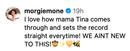 The image features a social media post with text expressing admiration for "mama Tina" and their consistent reliability