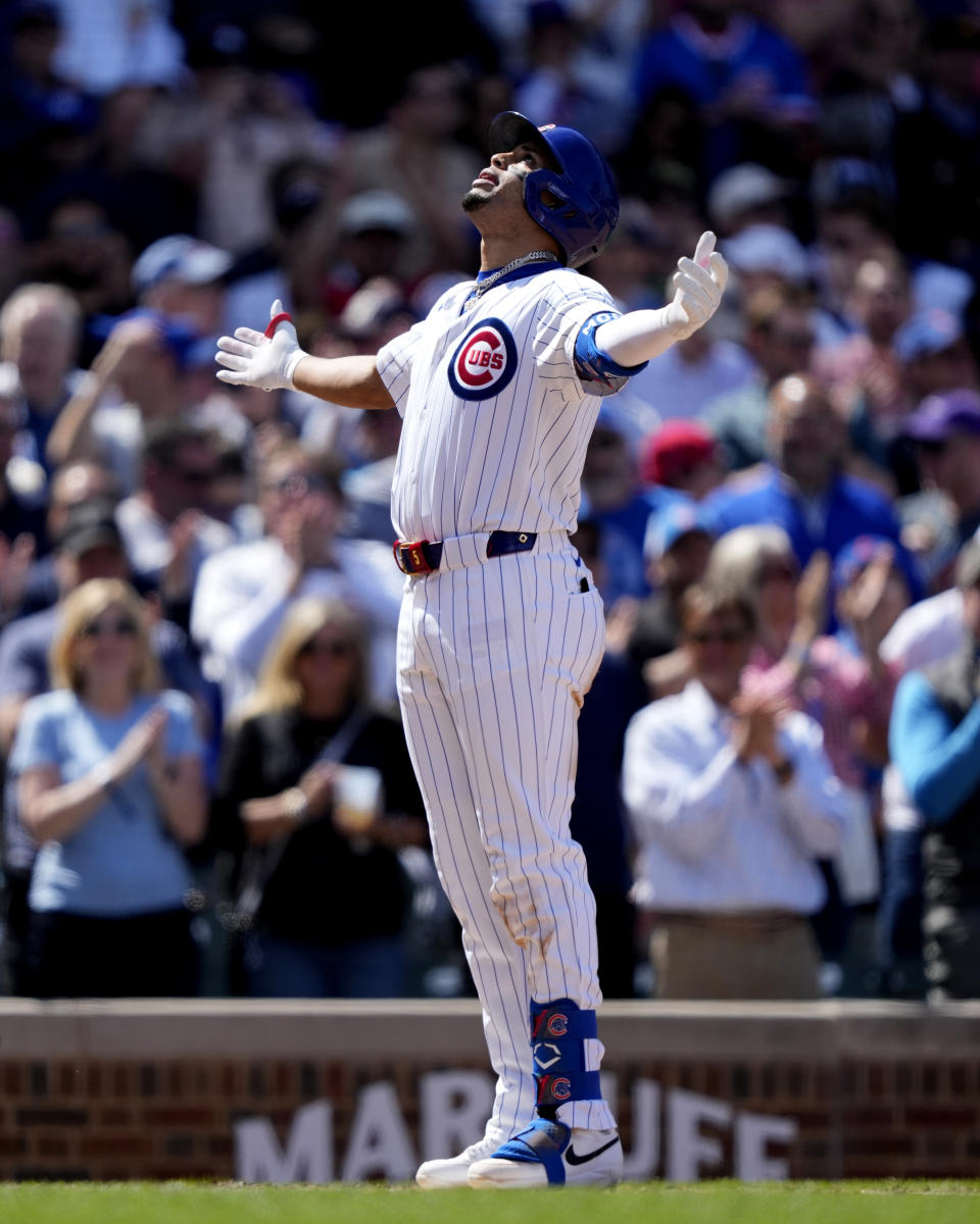 Chicago Cubs' Christopher Morel celebrates his home run off Milwaukee Brewers starting pitcher Joe Ross during the sixth inning of a baseball game Friday, May 3, 2024, in Chicago. (AP Photo/Charles Rex Arbogast)
