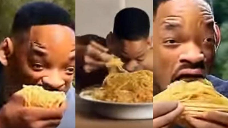 Video of Will Smith eating spaghetti marks natural end point for AI development - Yahoo Entertainment
