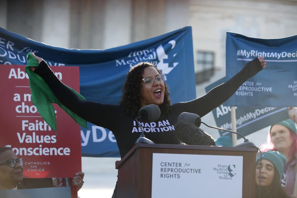 Renee Bracey Sherman, of We Testify, speaks to supporters organized by the Center for Reproductive Rights during a rally at the U.S. Supreme Court during the hearing of oral arguments in June Medical Services v. Russo on Wednesday, March 4, 2020.