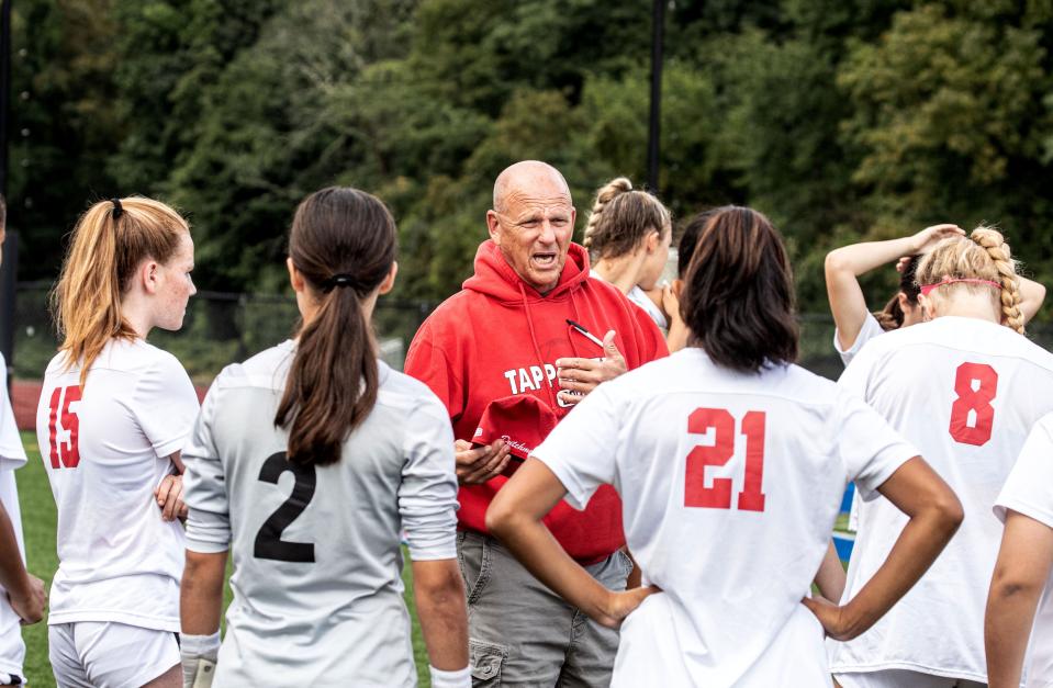 Tappan Zee girls soccer coach Bill Lynch coaches his teams before a game against Byram Hills at Byram Hills High School in Armonk Sept. 18, 2023. Tappan Zee defeated Byram Hills 5-3, giving Lynch his 257th career win, which makes him the second most wins of any soccer coach in Rockland County.