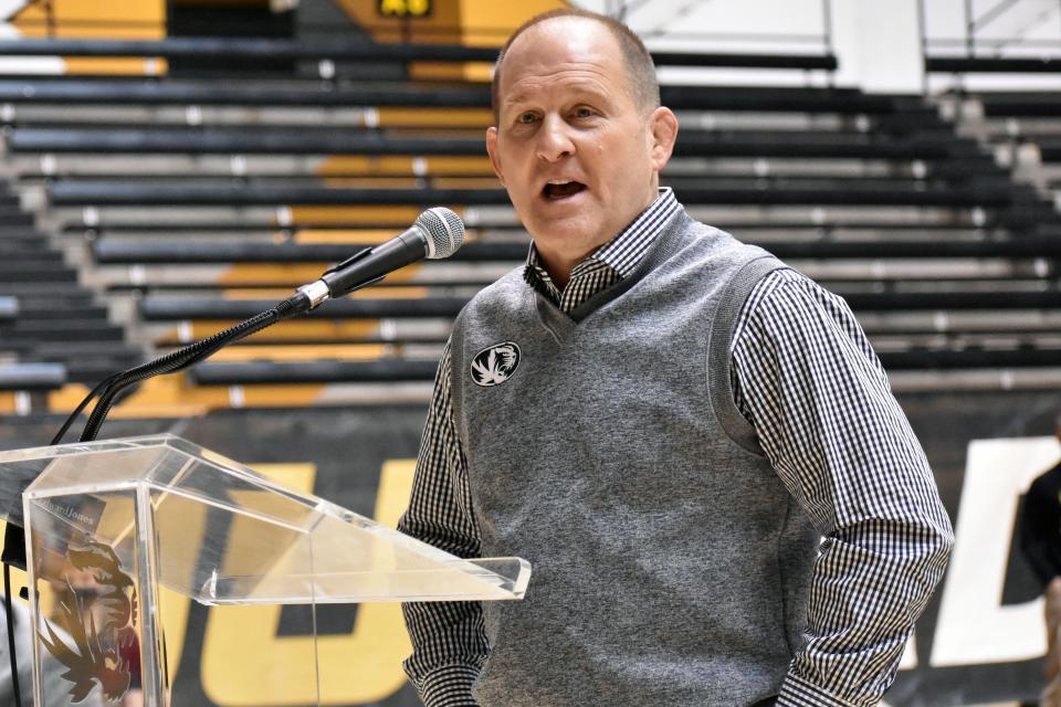 Missouri head wrestling coach Brian Smith speaks during a news conference about the Tigers' move back to the Big 12 Conference in April at the Hearnes Center.