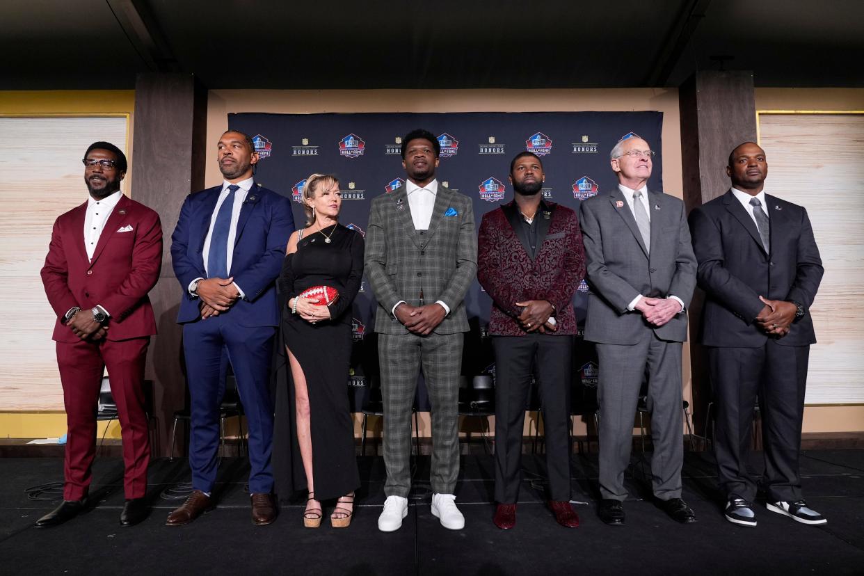 The Pro Football Hall of Fame Class of 2024 poses during a news conference at the NFL Honors award show, Thursday, Feb. 8, 2024, in Las Vegas.