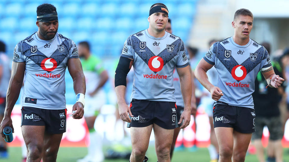 Warriors leave the field after the round 2 NRL match between the New Zealand Warriors and the Canberra Raiders at Cbus Super Stadium on March 21, 2020 in Gold Coast, Australia. (Photo by Chris Hyde/Getty Images)